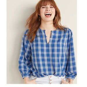 NWT OLD NAVY Women's Plaid Balloon-Sleeve Blouse Blue Henley Neckline Medium